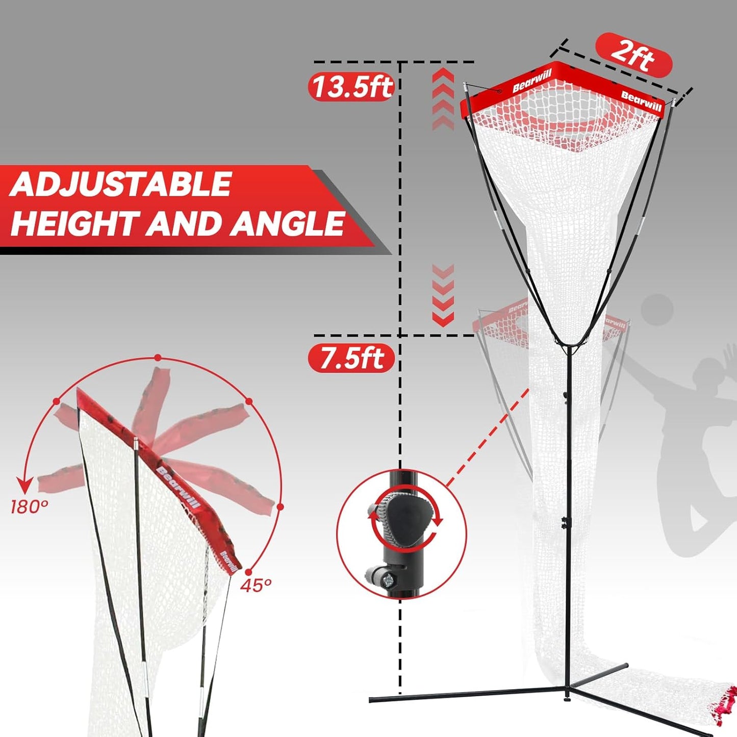 Volleyball Setter Trainer Net, Volleyball Training Equipment Adjustable Angle Height 8-13 FT Setter Net, Indoor Outdoor Volleyball Practice Net System for Serving, Spiking and Setting