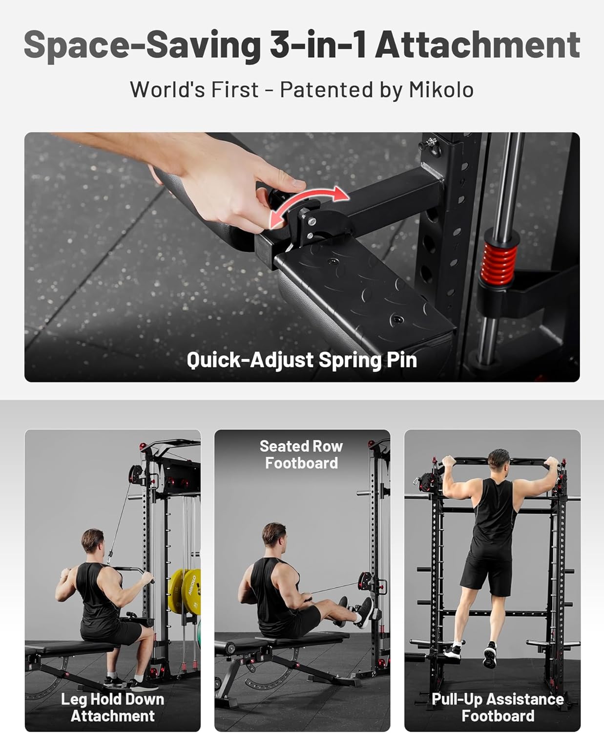 Mikolo Smith Machine, 2200lbs Squat Rack with LAT-Pull Down System & Cable Crossover Machine, Training Equipment with Leg Hold-Down Attachment