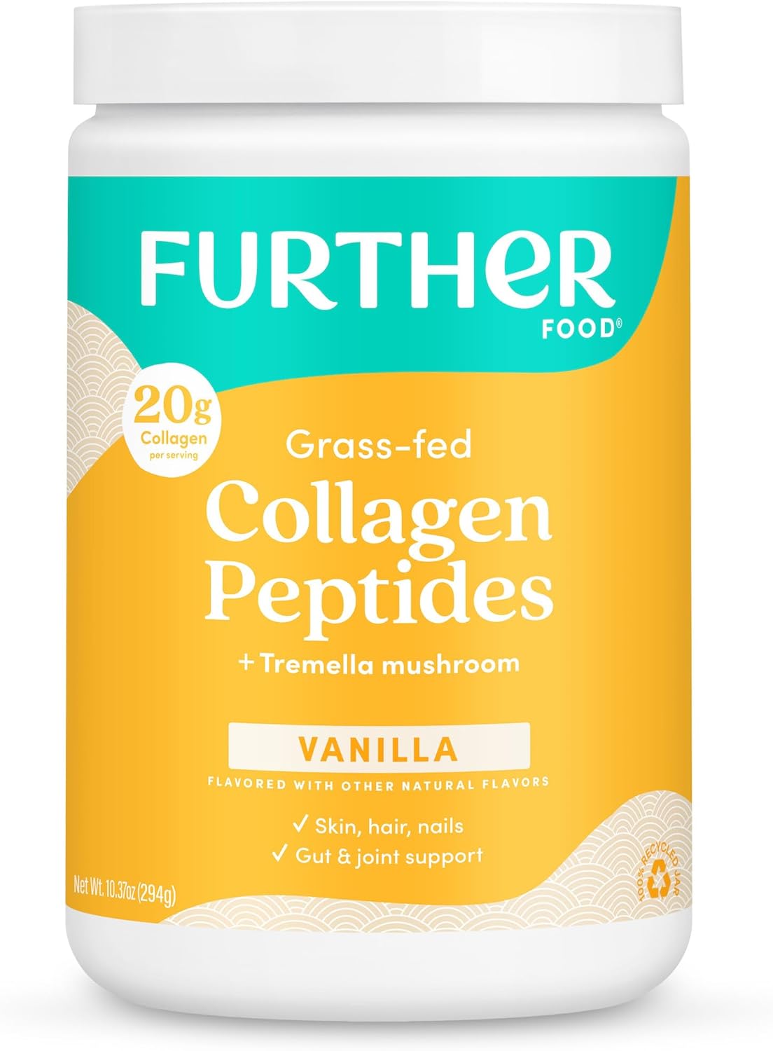 Further Food Vanilla Collagen Peptides Powder, Grass-Fed Pasture-Raised Hydrolyzed Type 1 & 3 Protein, Gut Health + Joint, Hair, Skin, Nails, Paleo Keto Sugar-Free 10.37 oz
