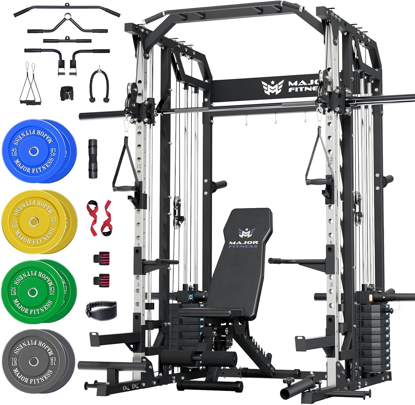 Major Fitness Drone2 Advanced Training Smith Machines– All-in-One Home Gym Squat Rack with Aluminum Pulley Set , Weight Bar, Dual LAT Pull-Down Systems & Cable Crossover Machine for Full-Body Workouts
