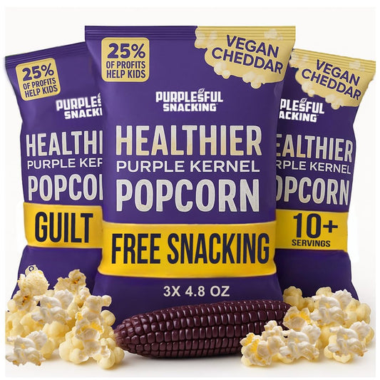 Purplesful Purple Corn Popcorn, Silkier, Creamier & Healthy Popcorn, Vegan-Friendly, Non-GMO, Flavorful Popped Corn Gourmet Snack, Vegan Cheddar, Big Bulk Pack - 4.8 Oz Per Pack (Pack of 3)