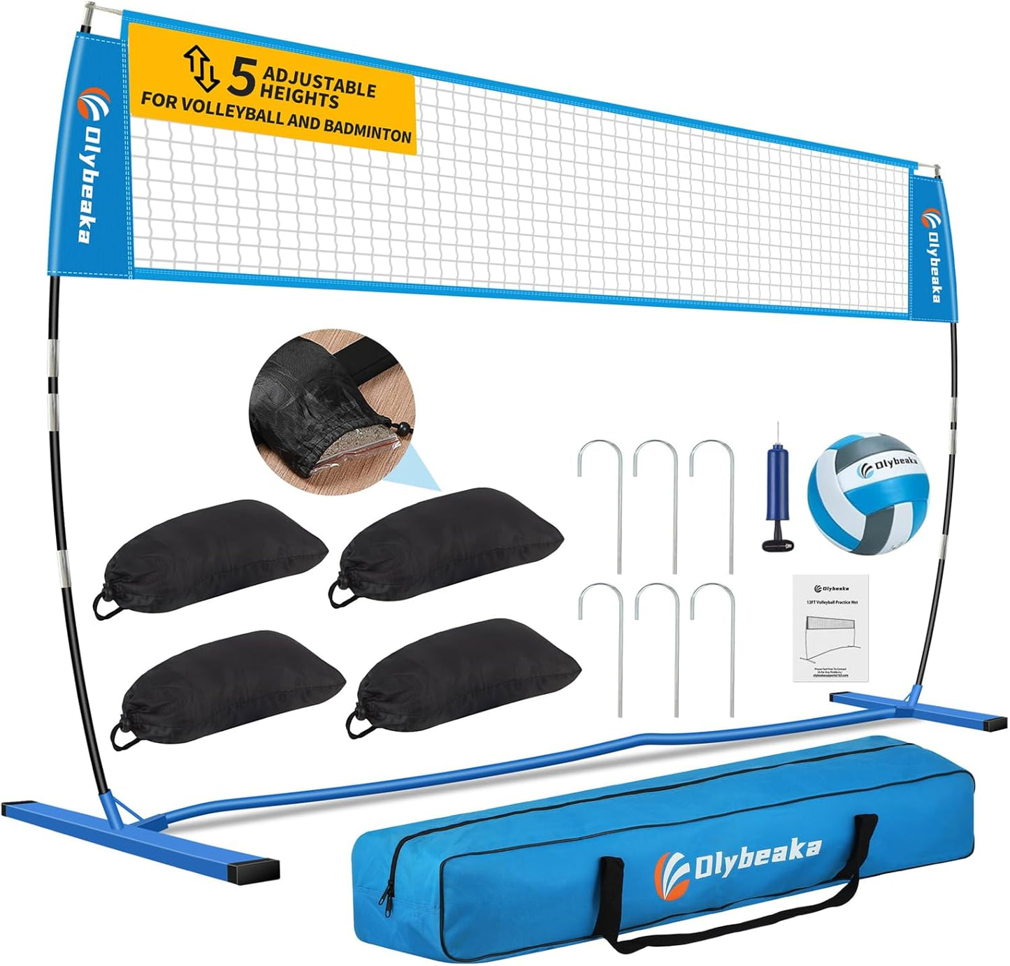 Portable Volleyball Net 5-Height Adjustable for Backyard with Widened Base, Tetoron Net, 6 Metal Stakes and 4 Sandbags, 12ft/14ft Volleyball Practice Training Equipment with Carry Bag