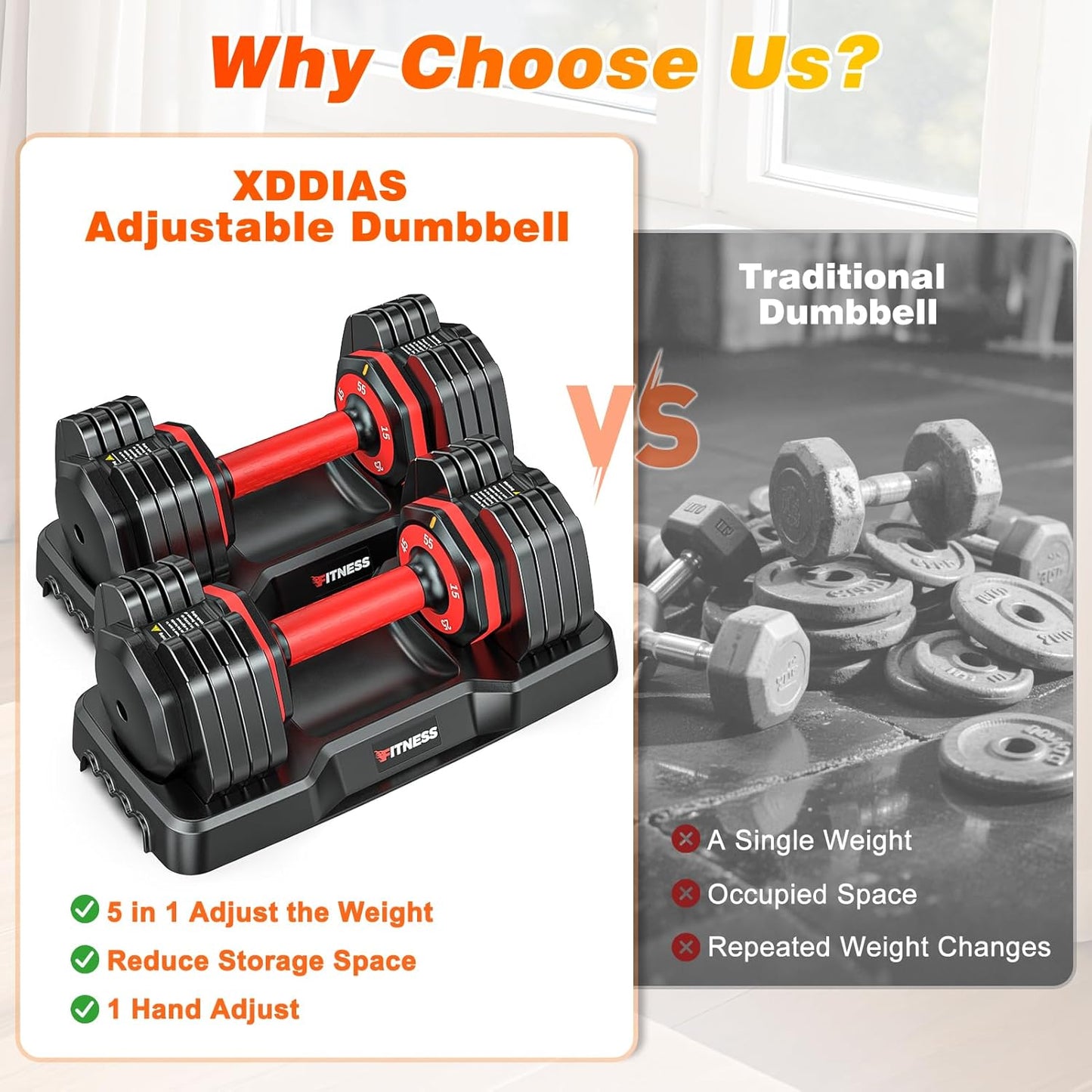XDDIAS Adjustable Dumbbell Set of 2-25LB/55LB Set-1Sec Adjustable Dumbbell Weights-5 in 1 Free Weights Dumbbells Set with Effortless Tray/No-Slip Handle-Compact Size for Women/Men at Home Gym