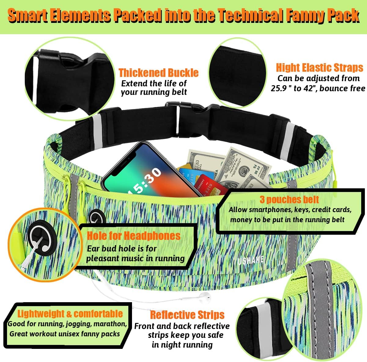 USHAKE Slim Running Belt, Workout Fanny Pack for Men Women,Exercise Waist Pack for Apple iPhone Holder, Runner Belt for Running Walking Cycling Camping Gym