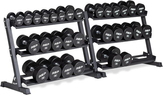 REP Fitness Urethane Coated Round Dumbbells, 5 to 100 lbs, Singles or Pairs, With or Without Rack, Steel Core, Rubber Encased, Chrome Handles, Professional Weights for Home Gym Strength Training