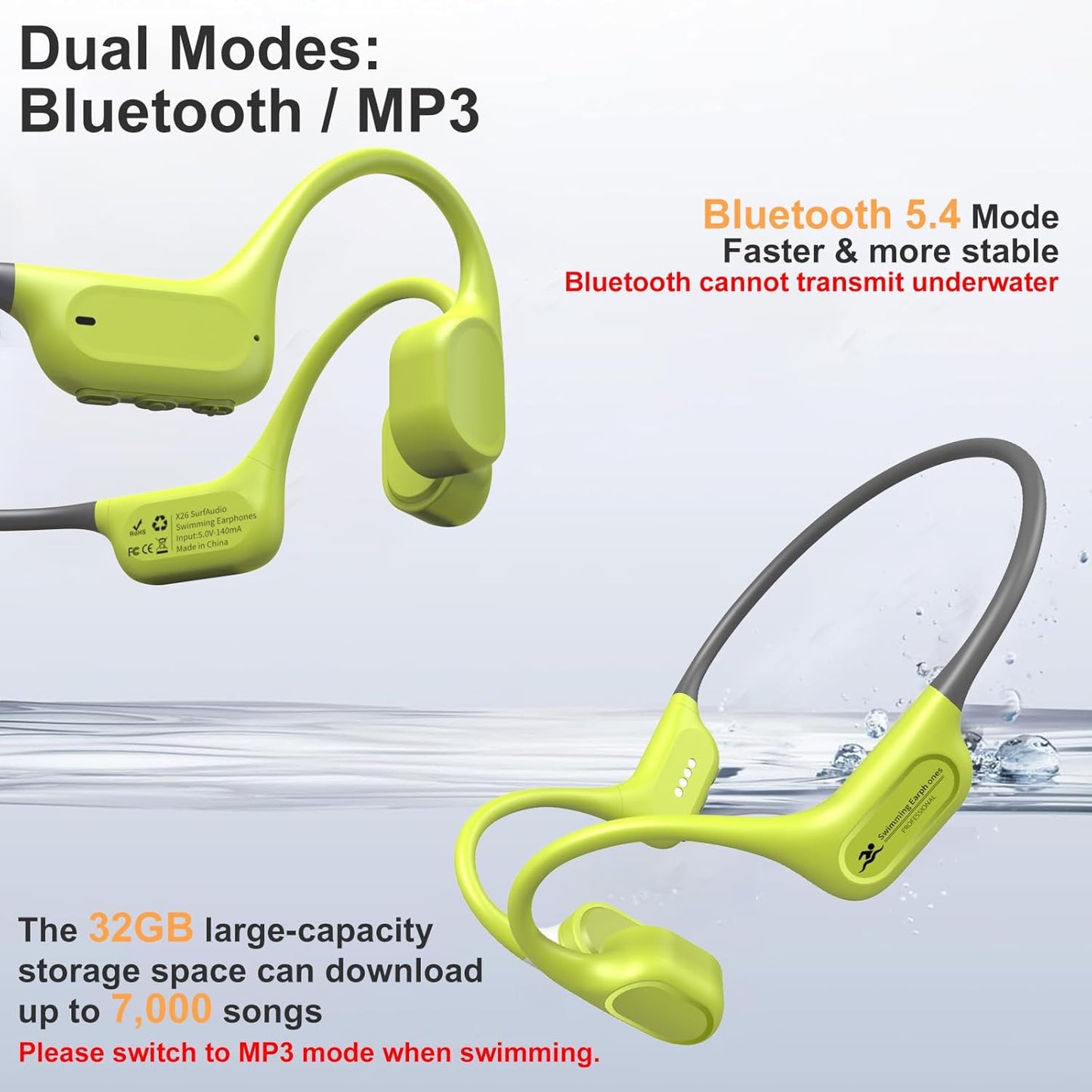 Bone Conduction Bluetooth Headphones-SurfAudio, IP68 Waterproof Swimming Headphones with 32GB MP3 Player, Lightweight Open Ear Design for Swimming/Surfing/Marathon/Cycling(Neon)