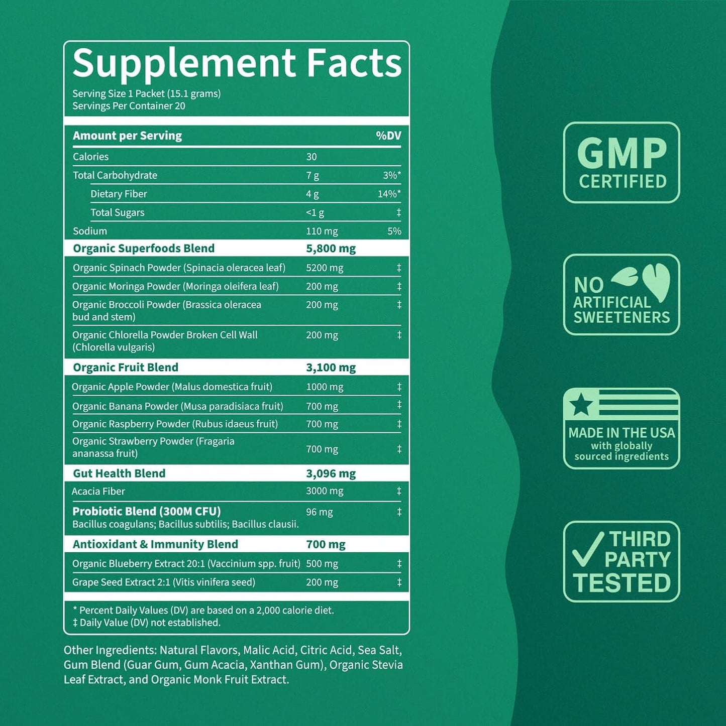 Supergreens Superfood Drink Mix with Chlorella, Moringa, Spinach, Broccoli, Digestive Enzymes, and Probiotics – Apple Pear Flavor, 20 Servings, Travel Pack