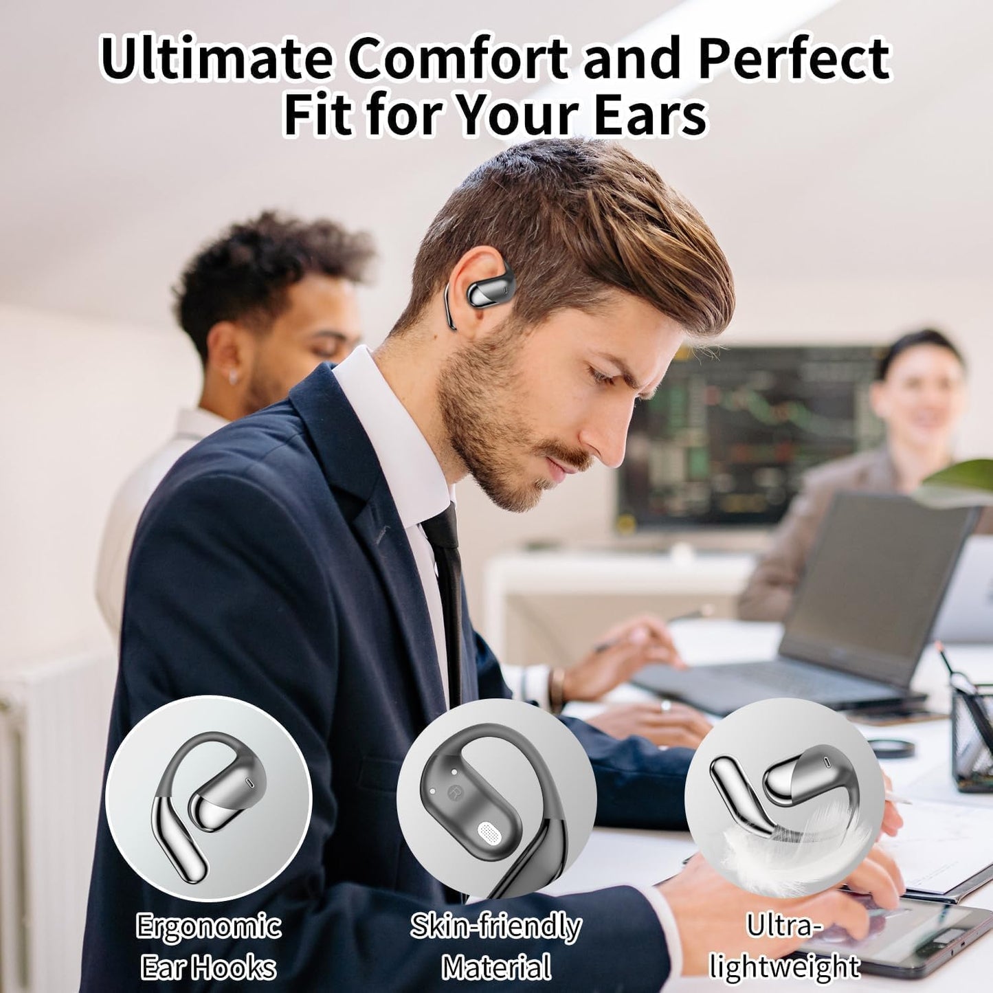 Open Ear Clip Wireless Earbuds Bone Conduction Headphones, Bluetooth 5.4, Open Ear Design for Running Fitness,office，Built-in Mic, IPX7 Waterproof, LED Display Charging Case,Ear Hooks Ear Buds