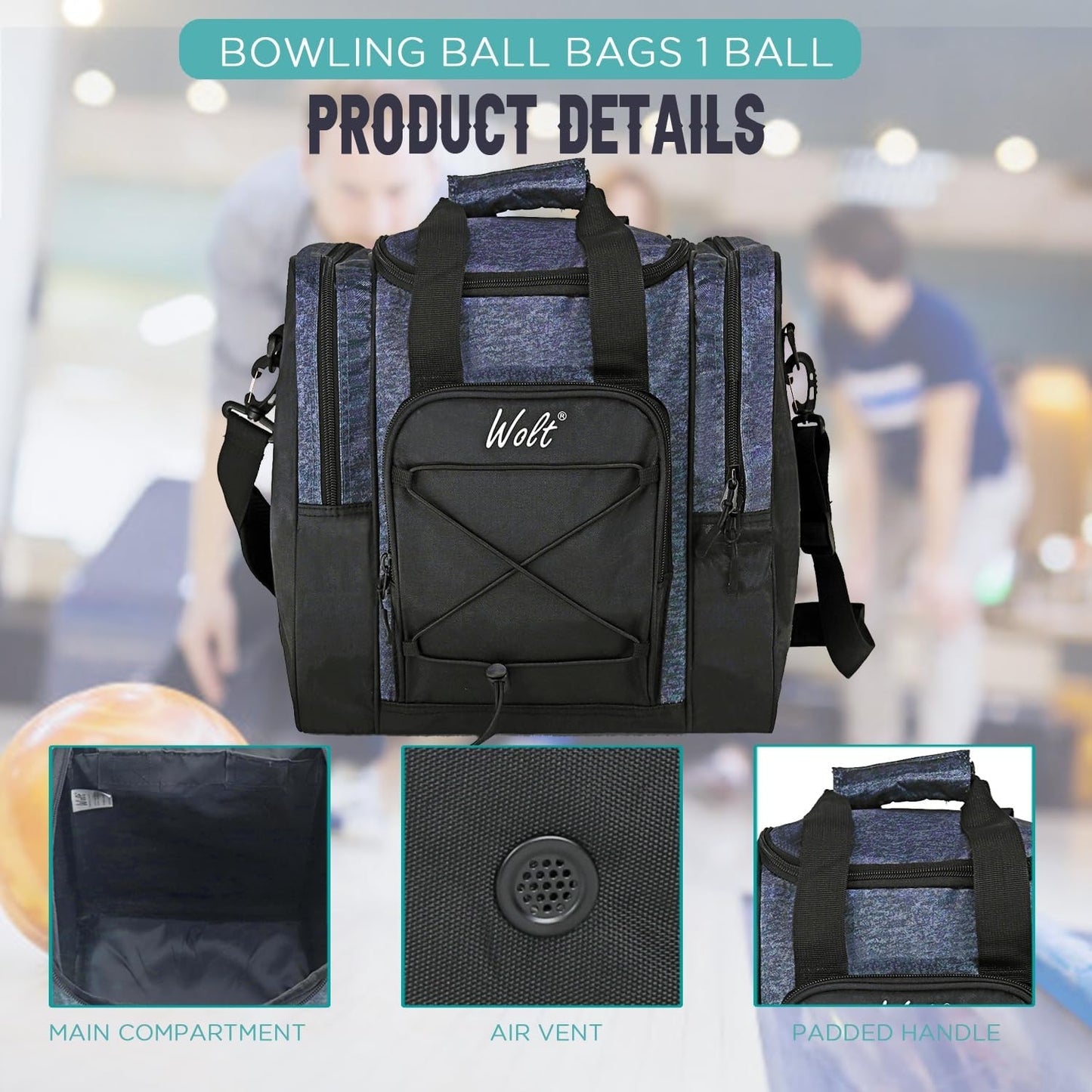 WOLT Bowling Ball Bag for Single Ball - Bowling Ball Tote Bag with Padded Ball Holder, 2 Pockets fit Bowling Shoes Up to Mens Size 14 and Accessories