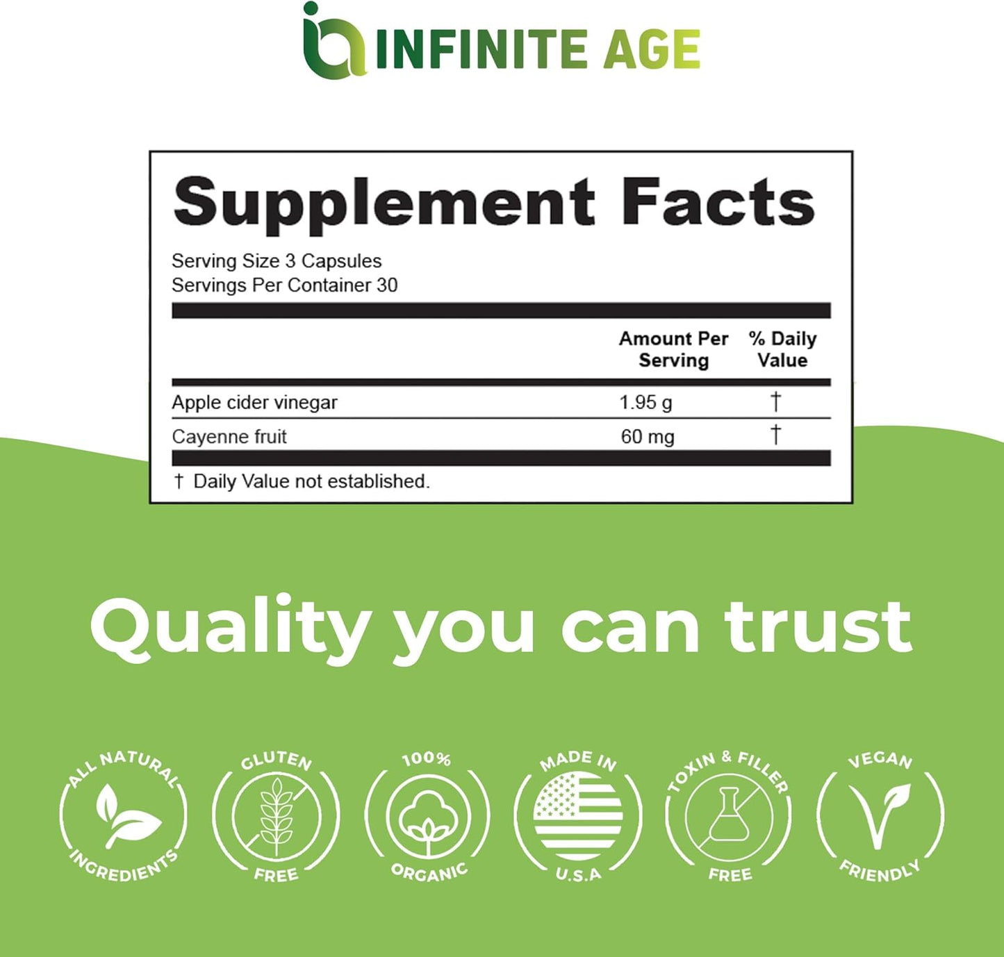 INFINITE AGE 1950mg Apple Cider Vinegar Capsules, 90 Count - Made in The USA, Vegan, Gluten Free, All-Natural - with 60mg Cayenne Fruit - No Fillers, Ultra Concentrated