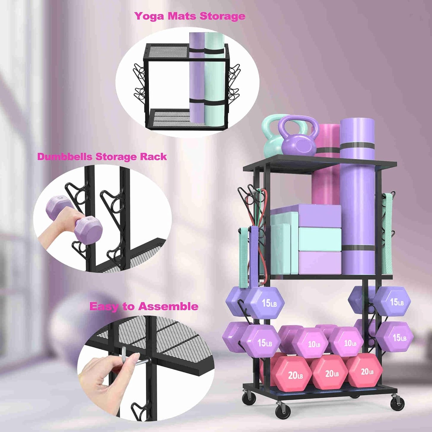 Dumbbell Rack Weight Rack for Home Gym Yoga Mat Storage Workout Equipment Organizer with Wheels
