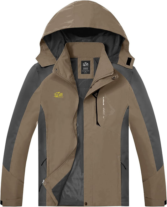 TEZO Mens Rain Jacket Waterproof with Hooded Hiking Coat Lightweight Windbreaker