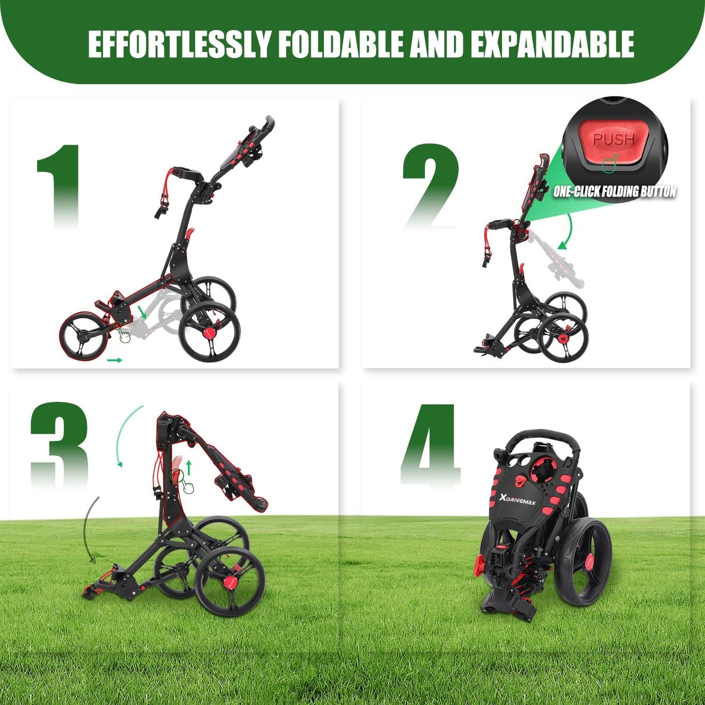 Golf Push Cart Series: 2-Wheel, 3-Wheel, 4-Wheel & 360° Swivel Front Wheel