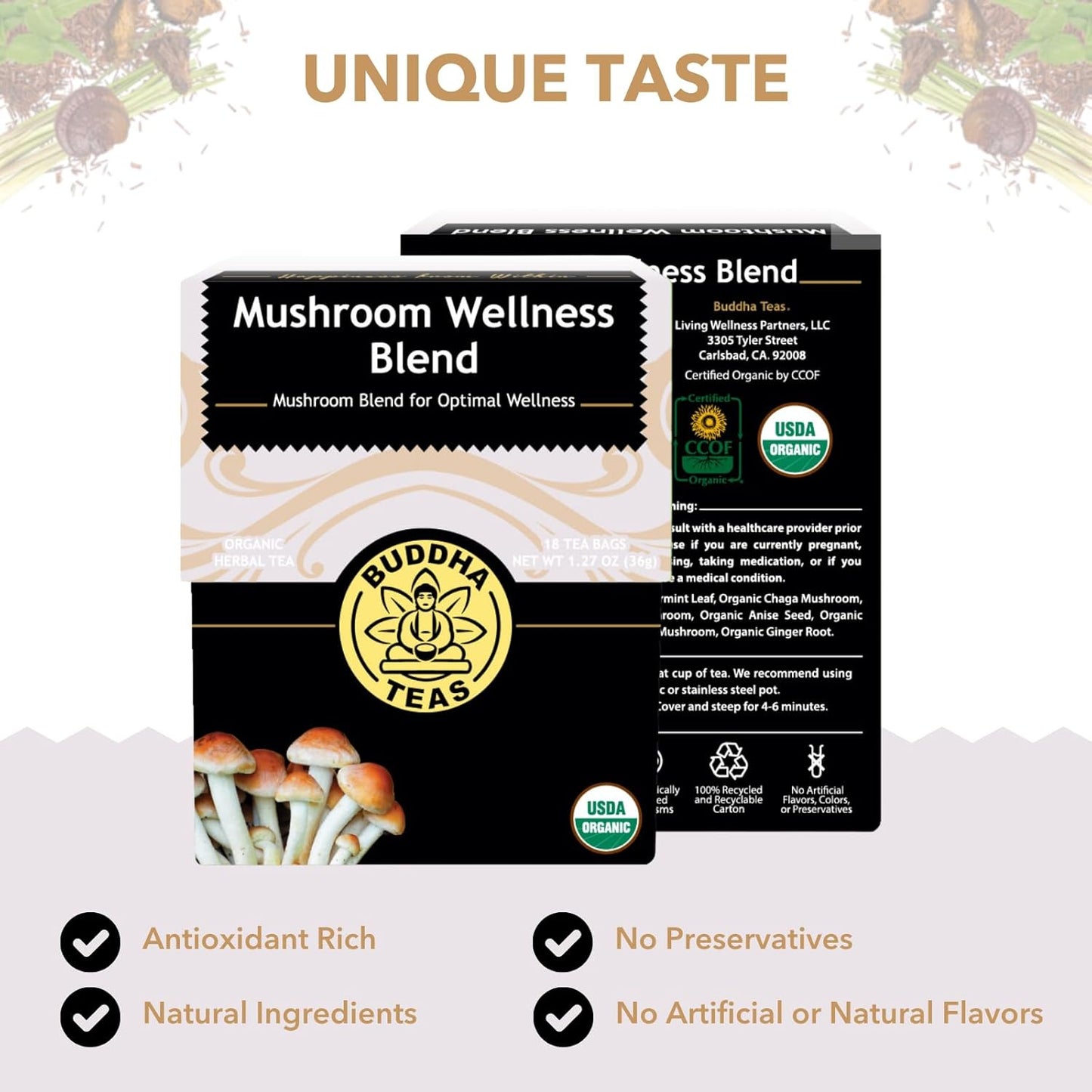 Buddha Teas - Organic Mushroom Wellness Blend - Herbal Tea - For Health & Wellbeing - With Antioxidants & Minerals - Clean Ingredients - Caffeine Free - OU Kosher & Non-GMO - 18 Tea Bags (Pack of 1).