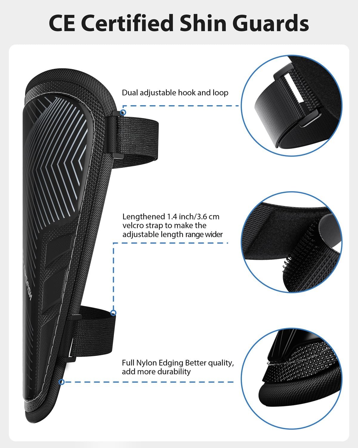 Shin Guards Soccer Kids Youth, CE Certified Airsfish Shin Guard Protection Gear for 2-18 Years Old Boys Girls Teenagers High Impact Resistant Breathable Comfortable 1 Pair 4 Sizes