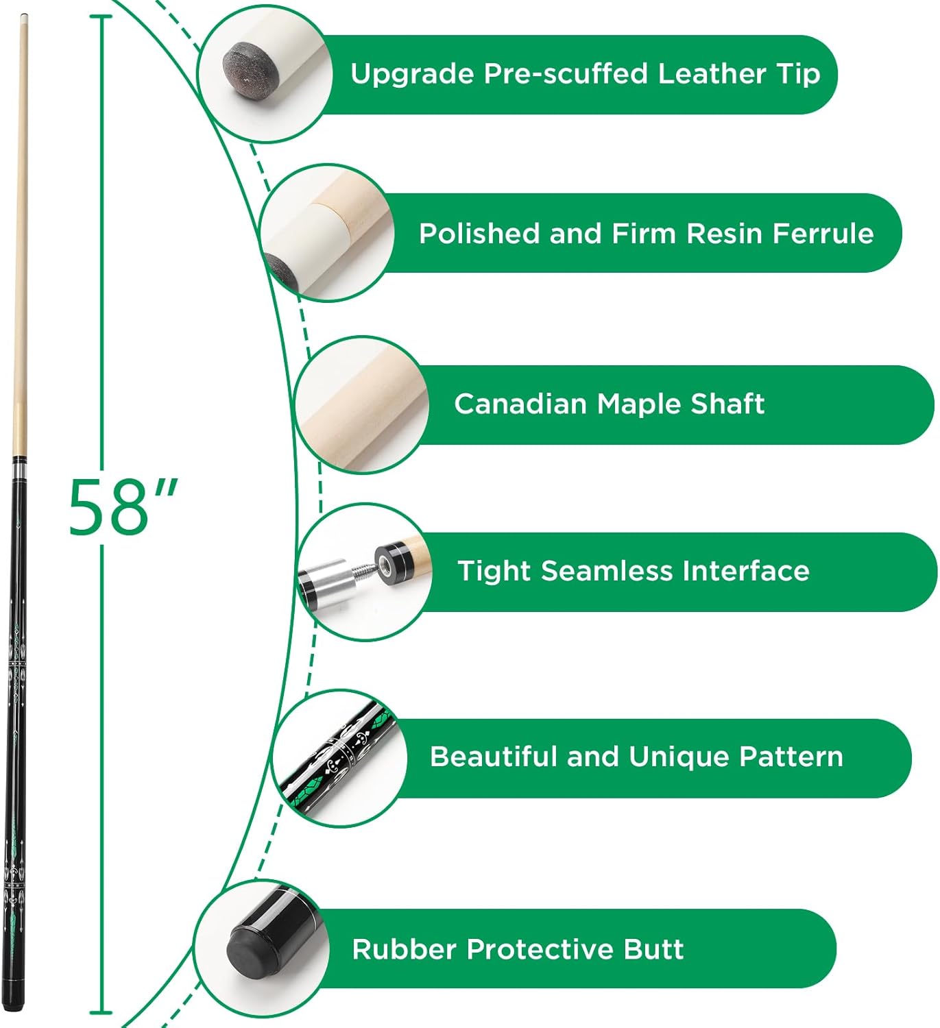 Pool Cue, 58" Billiard Cue Stick 2-Piece 13mm Maple Wood Pool Cue Stick 18 19 20 21oz for Bar House Pool Table Sports