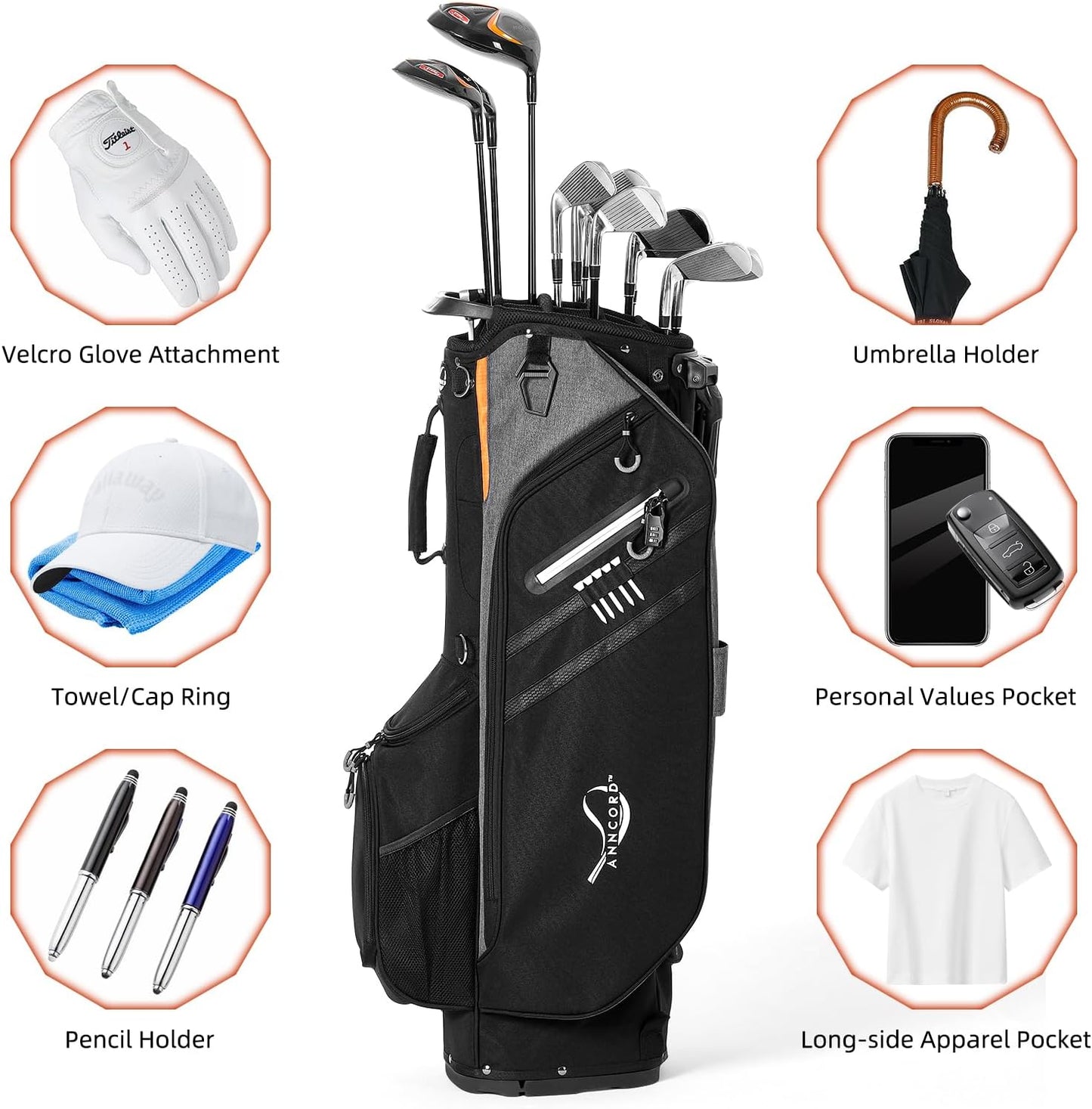 Golf Stand Bag 14 Way Top Dividers Full-Length with Stand, 7 Pockets, Lightweight Golf Bag for Men, Dual Strap, Rain Hood, Portable Golf Club Bag for Men Women