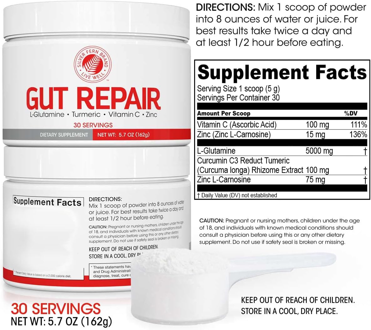 Silver Fern Gut Repair - Digestive Health Supplement Powder L-Glutamine, Curcumin, Zinc, Ascorbic Acid Blend
