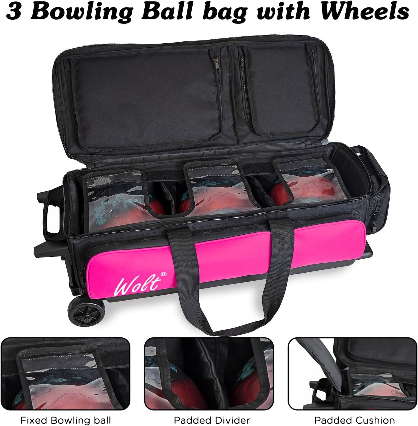 WOLT 3 Ball Bowling Bags with Wheels,Bowling Ball Bag 3 Ball Roller with Separate Shoe Compartment and Accessory Pocket, Retractable Handle Extends to 38’’