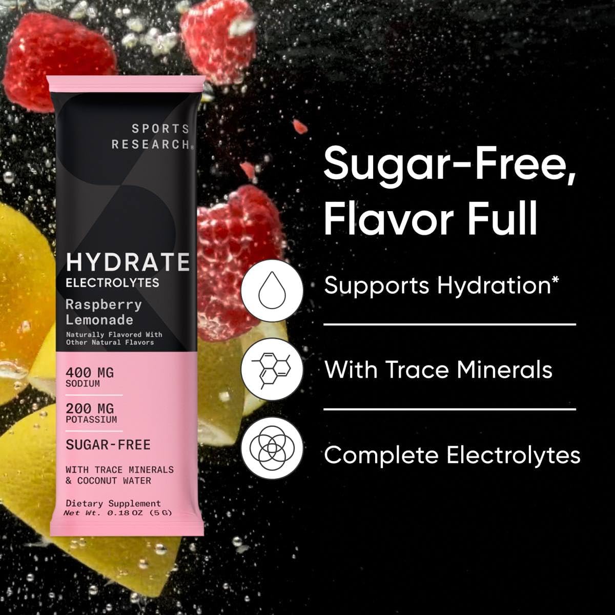Sports Research® Hydrate Electrolytes Powder Packets - Sugar-Free & Naturally Flavored with Vitamins, Minerals, and Coconut Water - Supports Hydration - 16 Packets - Raspberry Lemonade