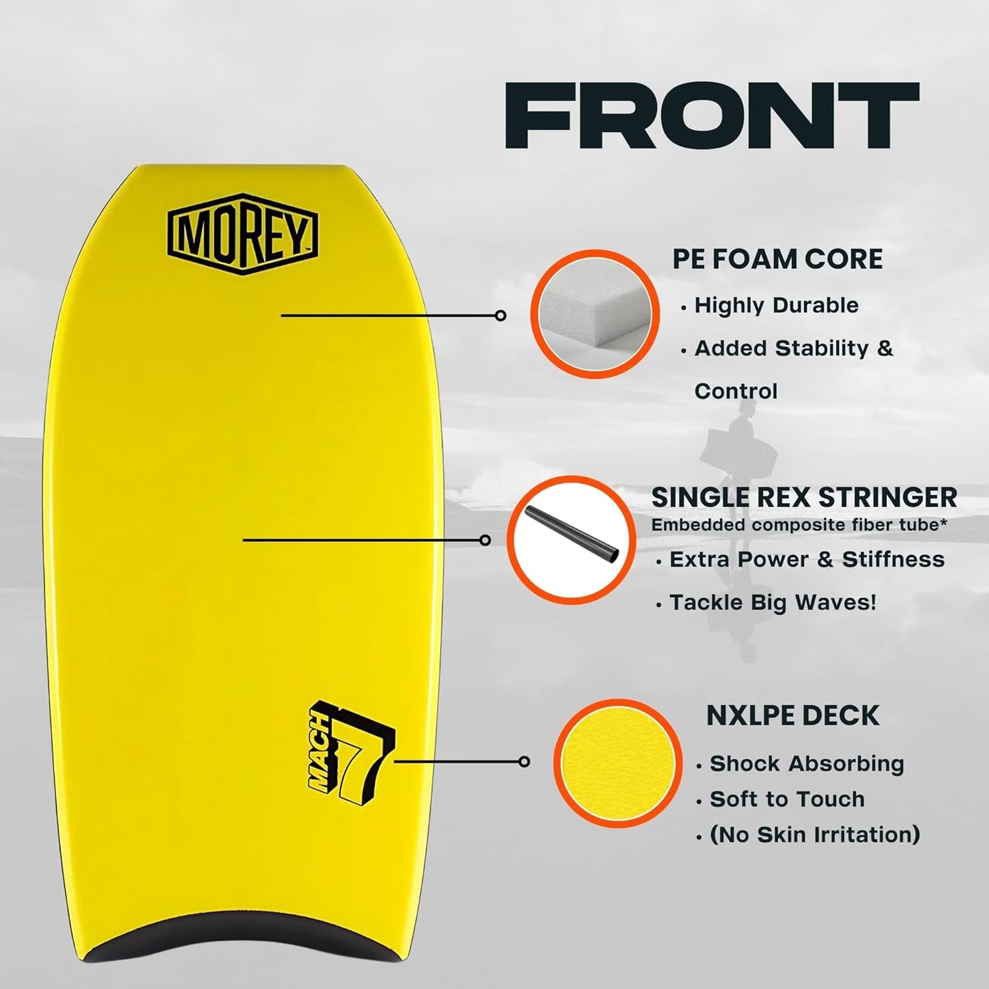 MOREY® Mach 7, Pro Bodyboard; Body Boards for Beach, Embedded Rod for Durability, Engineered with HDPE Slick Bottom for Speed (2025 Model)