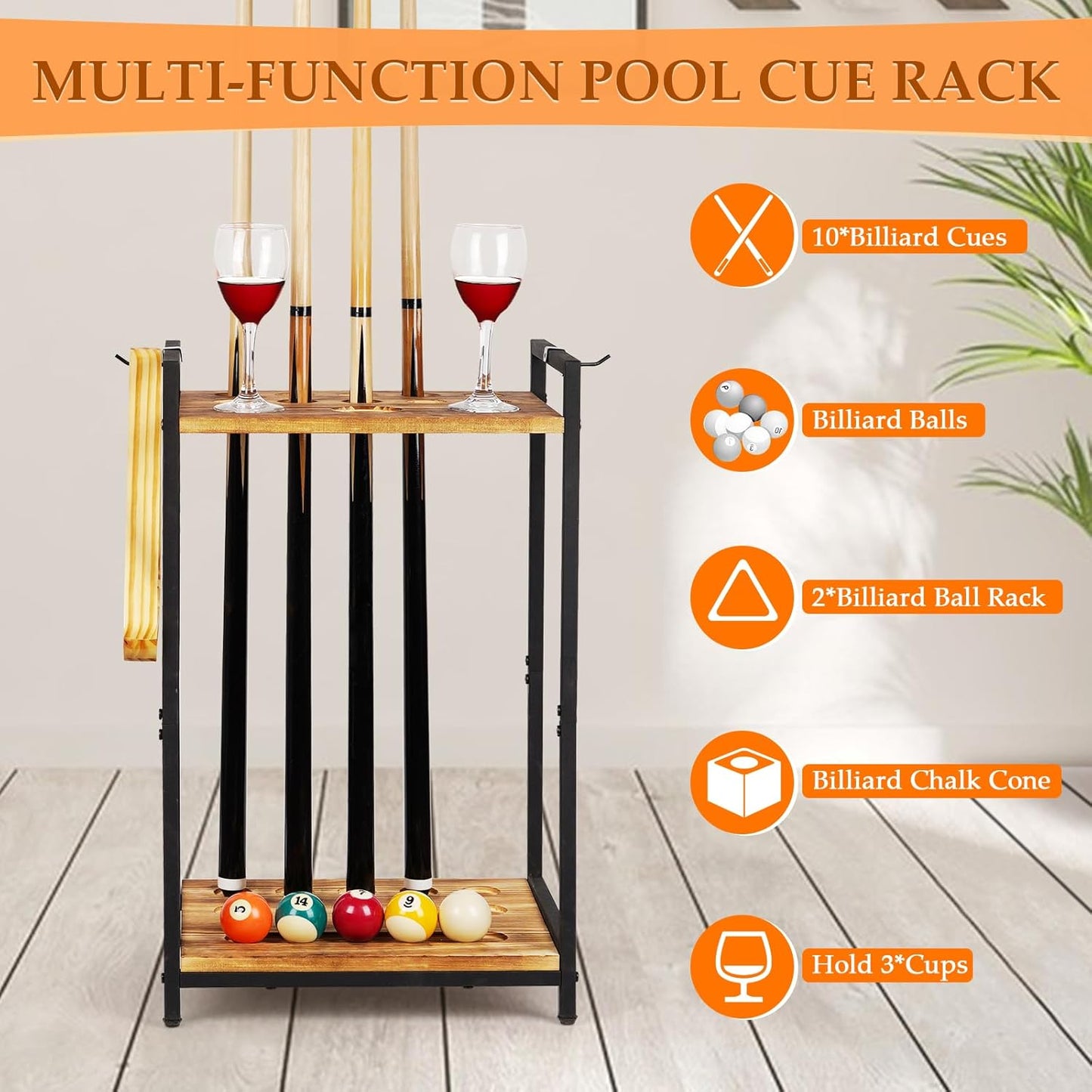 Pool Stick Holder - Freestanding Pool Cue Holder Floor Stand Wooden Cue Stick Holder 10-Hole Billiard Cue Racks for Game Room Billiard Room Decor Club Pool Table Accessories