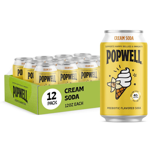 Popwell Cream Soda Caffeinated Better-For-You Prebiotic Soda, with 6g Fiber, 1g Sugar, Vitamins and Immunity Support, 12 fl oz Cans (pack of 12)