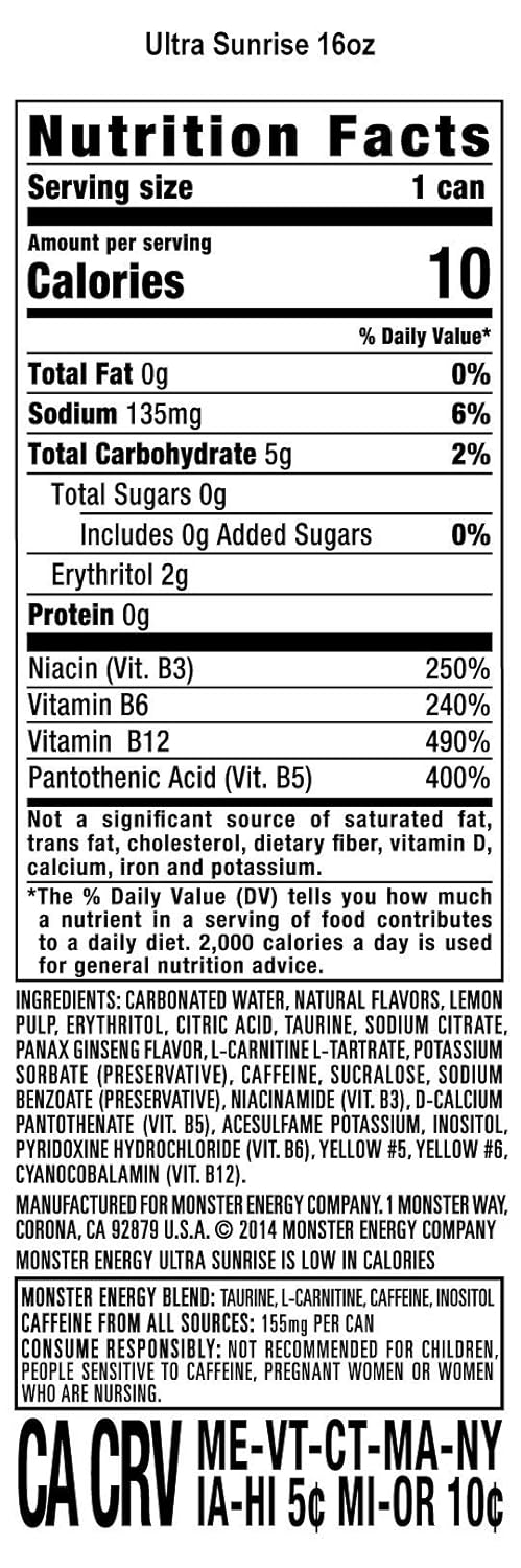 Monster Energy Ultra Sunrise, Sugar Free Energy Drink, 16 Fl Oz (Pack of 24)