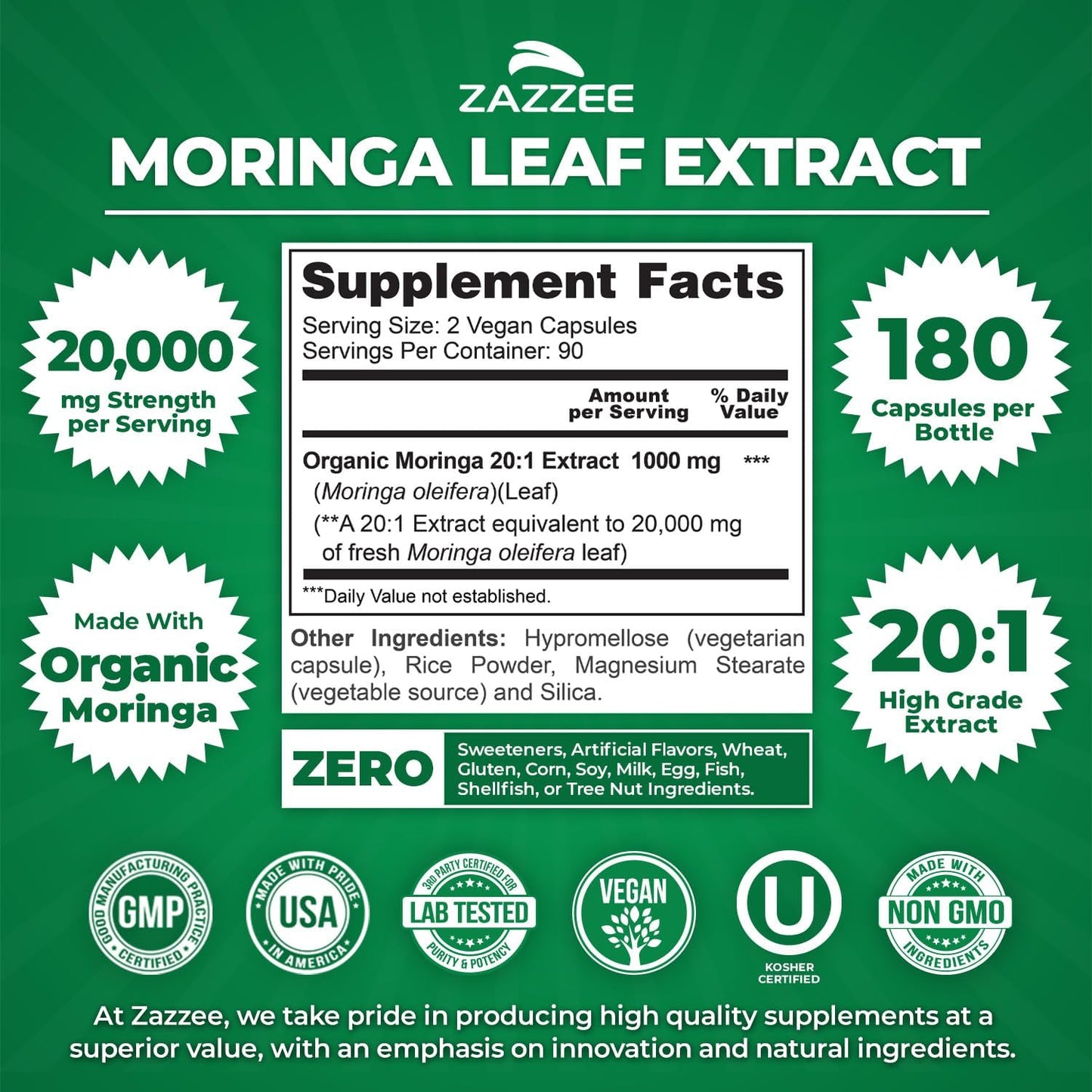 Zazzee Organic Moringa 20:1 Extract, 20,000 mg Strength, 180 Vegan Capsules, 100% Pure Oleifera Leaf Superfood, Concentrated and Standardized 20X Extract, All-Natural, Non-GMO, Made in The USA