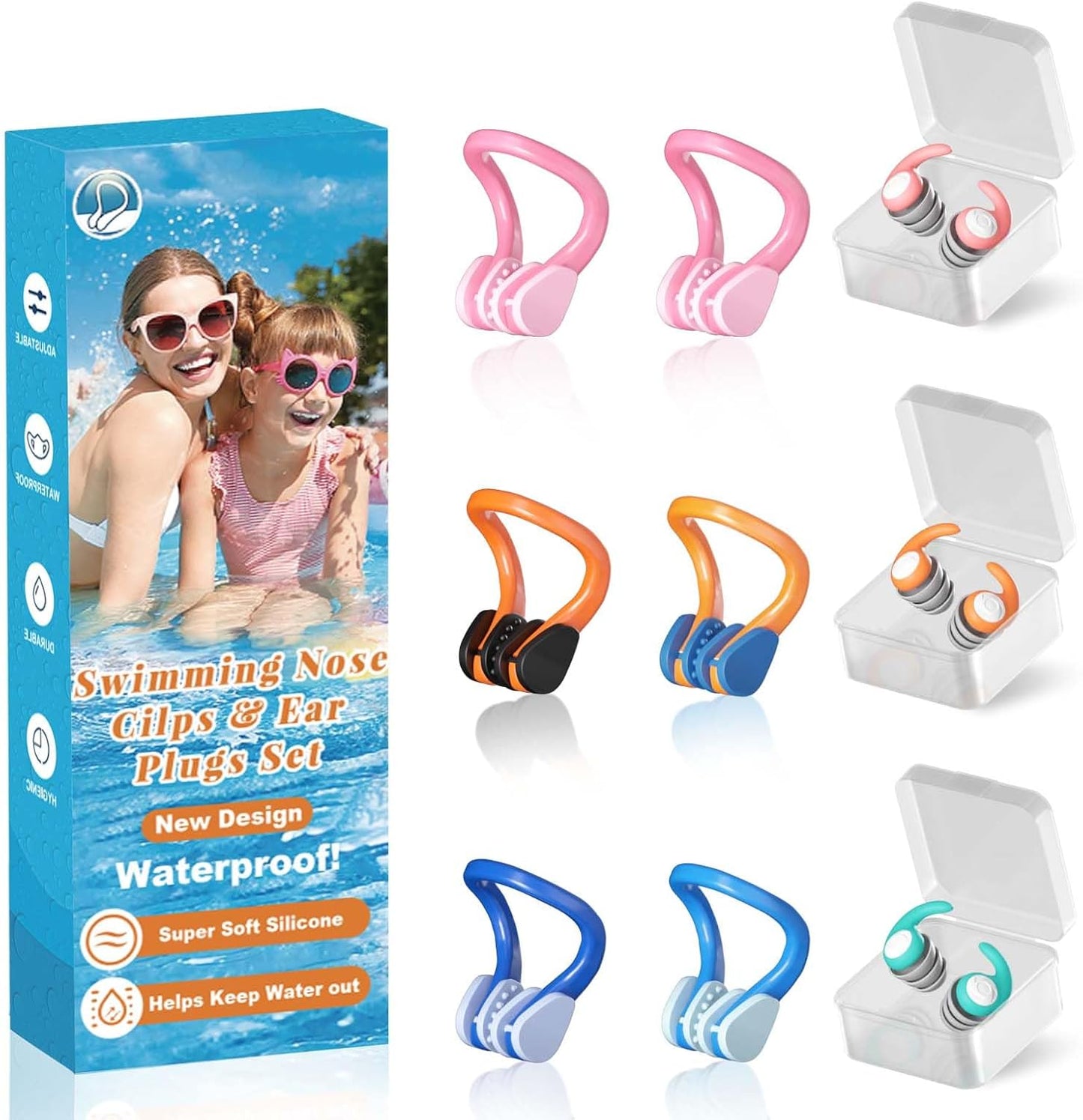 Swimming Nose Clip Ear Plugs - 9 Packs Silicone Swim Nose Plugs with Earplugs for Kids,Waterproof Pool Nose Plug for Diving Surfing and Other Water Sports with Storage Box,Multi-Color