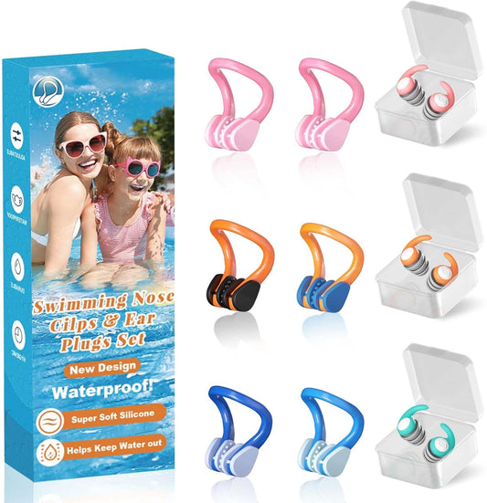 Swimming Nose Clip Ear Plugs - 9 Packs Silicone Swim Nose Plugs with Earplugs for Kids,Waterproof Pool Nose Plug for Diving Surfing and Other Water Sports with Storage Box,Multi-Color