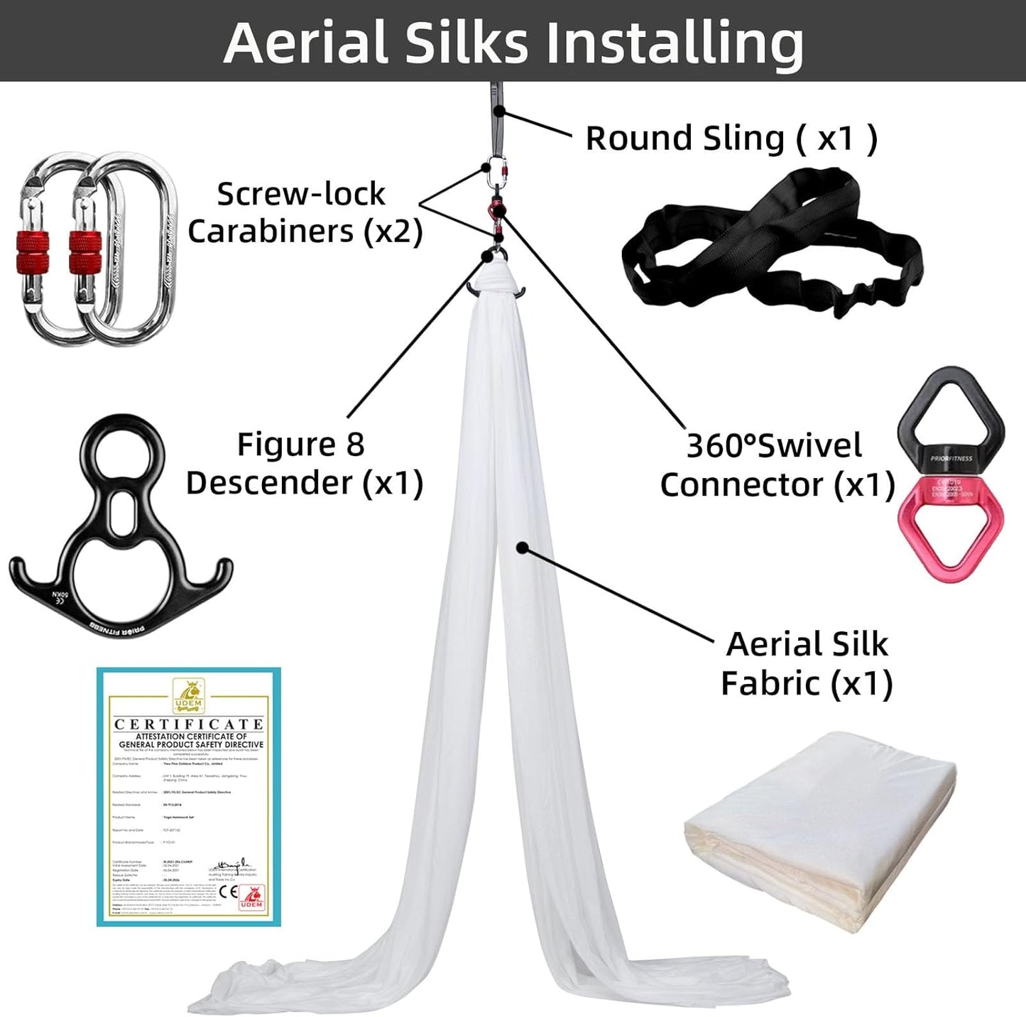 PRIOR FITNESS Aerial Silks Kit Colorful 9/15/20 Yards 40D Nylon Fabric Hammock Set With Hardware & Guide for All Levels Of Aerial Yoga Practice and Acrobatic Flying For Adults Aerial silk