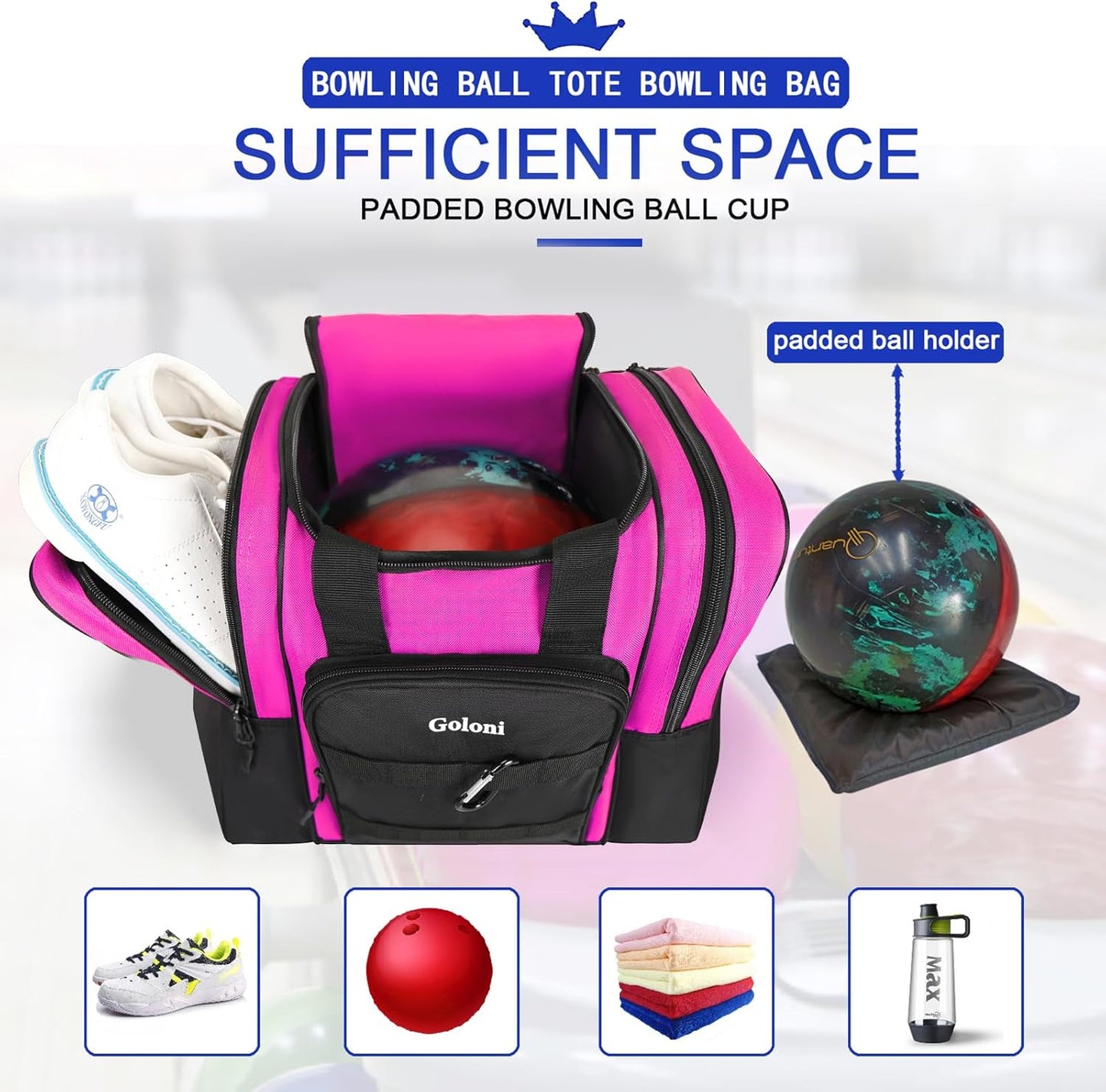 Goloni Bowling Ball Bag for Singer Ball with Padded Ball Holder, 2 Pockets fit Bowling Shoes Up to Mens Size 14 and Accessories