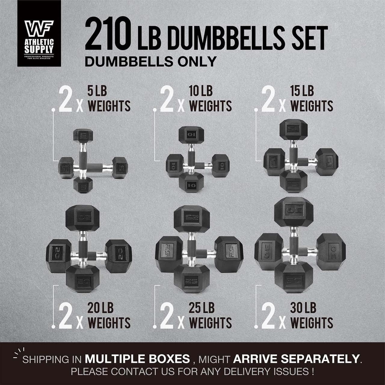 WF Athletic Supply Rubber Encased Hex Dumbbells with Rubber Grip Contoured Handle for Muscle Toning, Strength Building & Full Body Workout