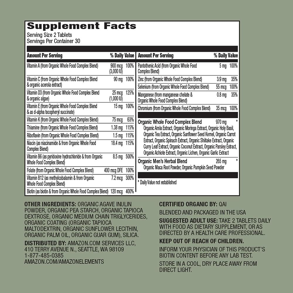 Amazon Elements Organic Whole Food Men's Multi, 60 tablets