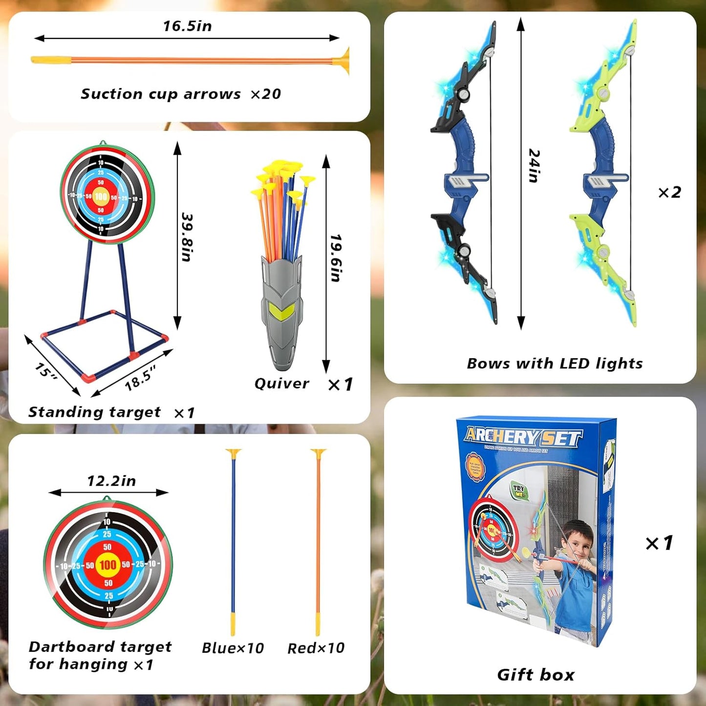 Bow and Arrow Set for Kids 4-12 Years Old, LED Light Up Archery Toy with 20 Suction Cup Arrows and Standing Target, Indoor Outdoor Activity Toys for Ages 4-6 8-13