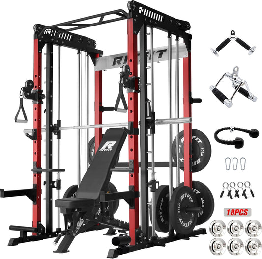 RitFit M1 & M1 Pro Smith Machine with Cable Crossover System, Multi-Function Squat Rack Power Cage for Home Gym, Power Rack and Packages
