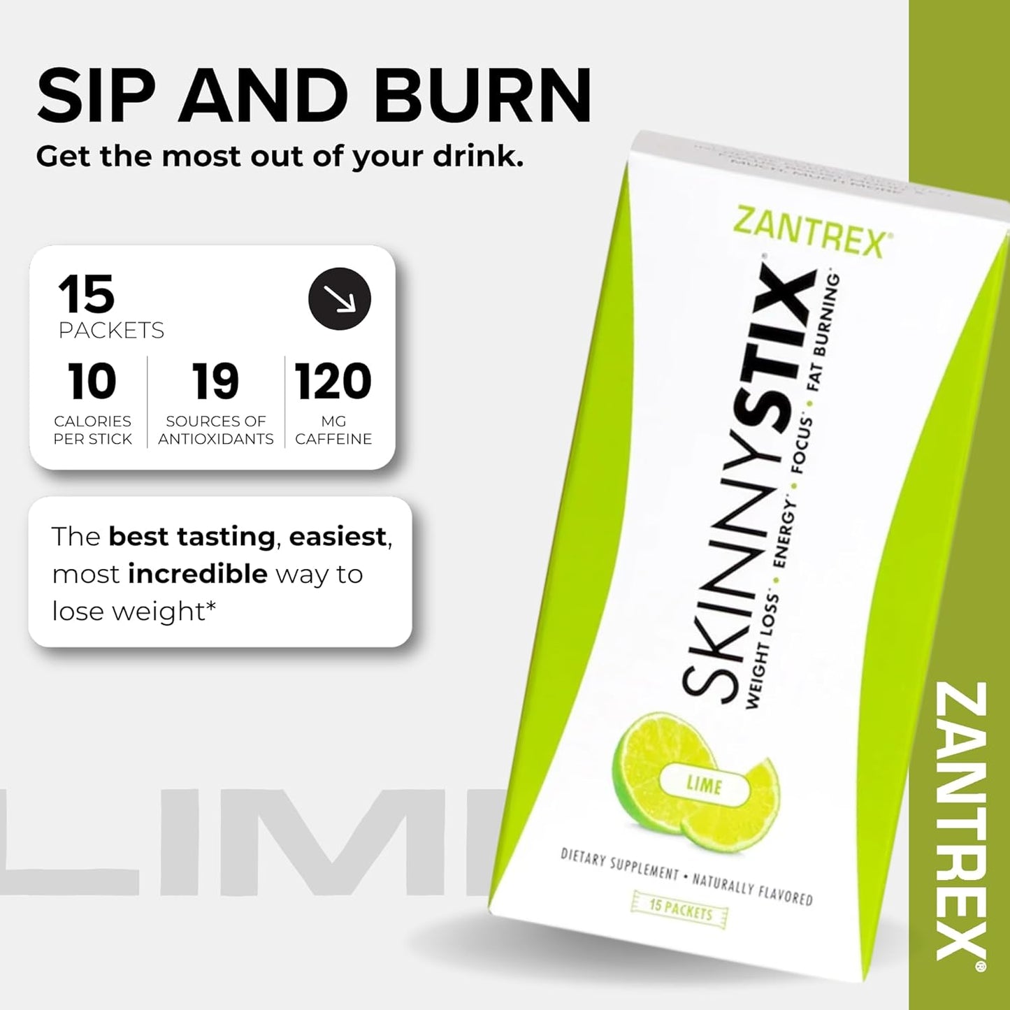 SkinnyStix Lime GLP-1 Support Powder Energy Drink, Metabolic Support, Appetite Control, Natural Energy Boost | 15 Single-Serving Packets