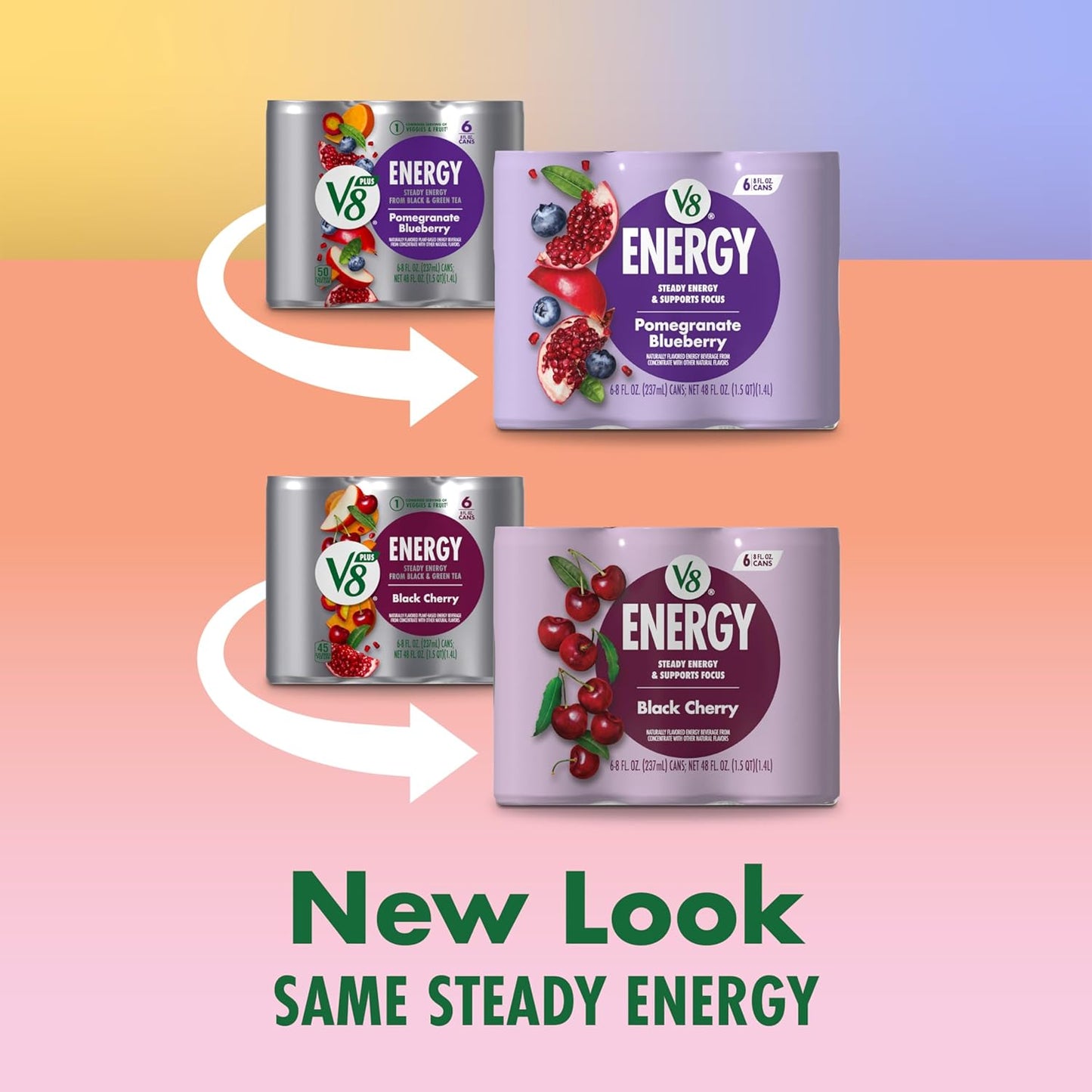 V8 +Energy Black Cherry and Pomegranate Blueberry Juice Energy Drinks, 8 fl oz Can (24 Pack)