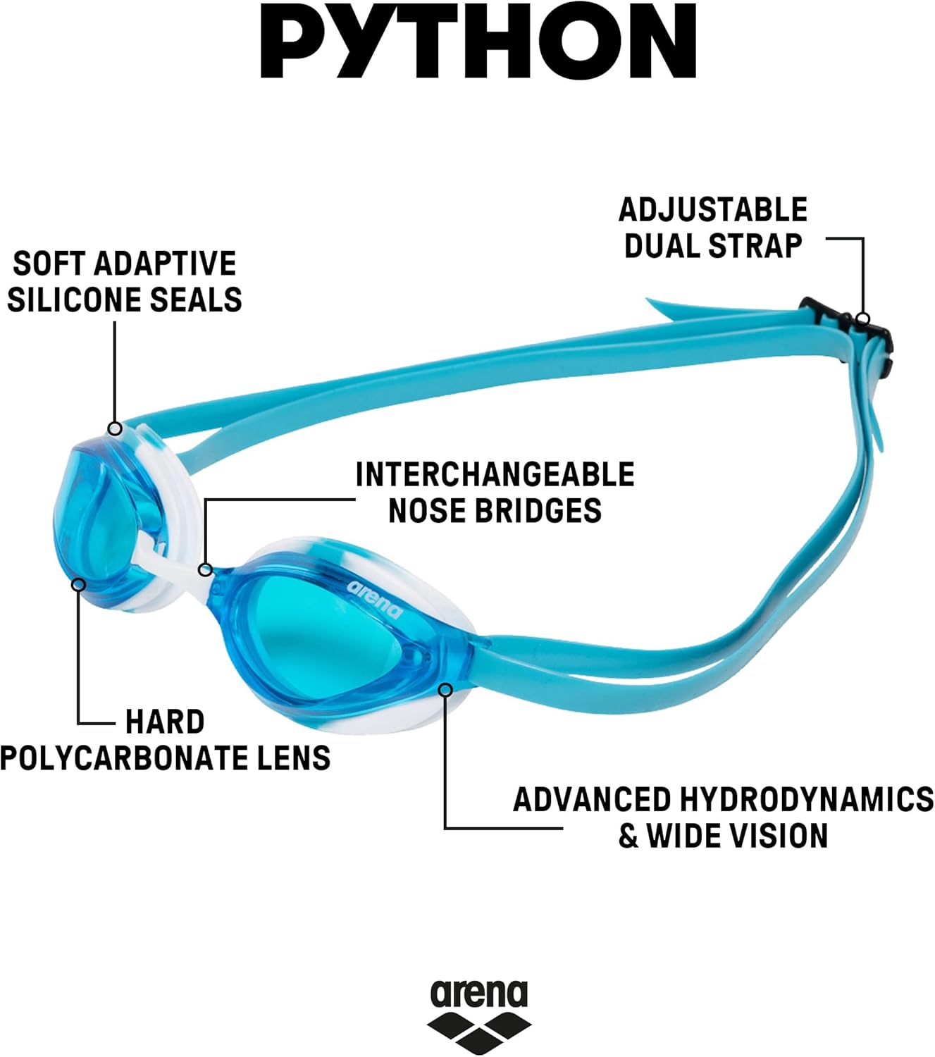 ARENA Unisex Python Racing Swim Goggles for Men and Women Anti-Fog No Leak Max Comfort Dual Strap, Mirror/Non-Mirror Lens