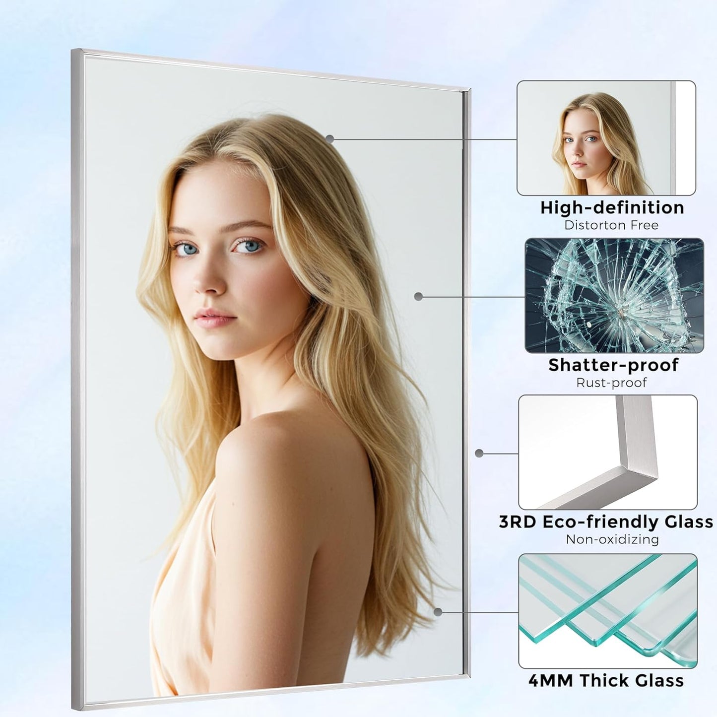 27x36 Inch Nickel Bathroom Mirror for Wall, Aluminum Frame Rectangle Rectangular Vanity Mirror, Modern Large for Bedroom, Living Room, Horizontal or Vertical