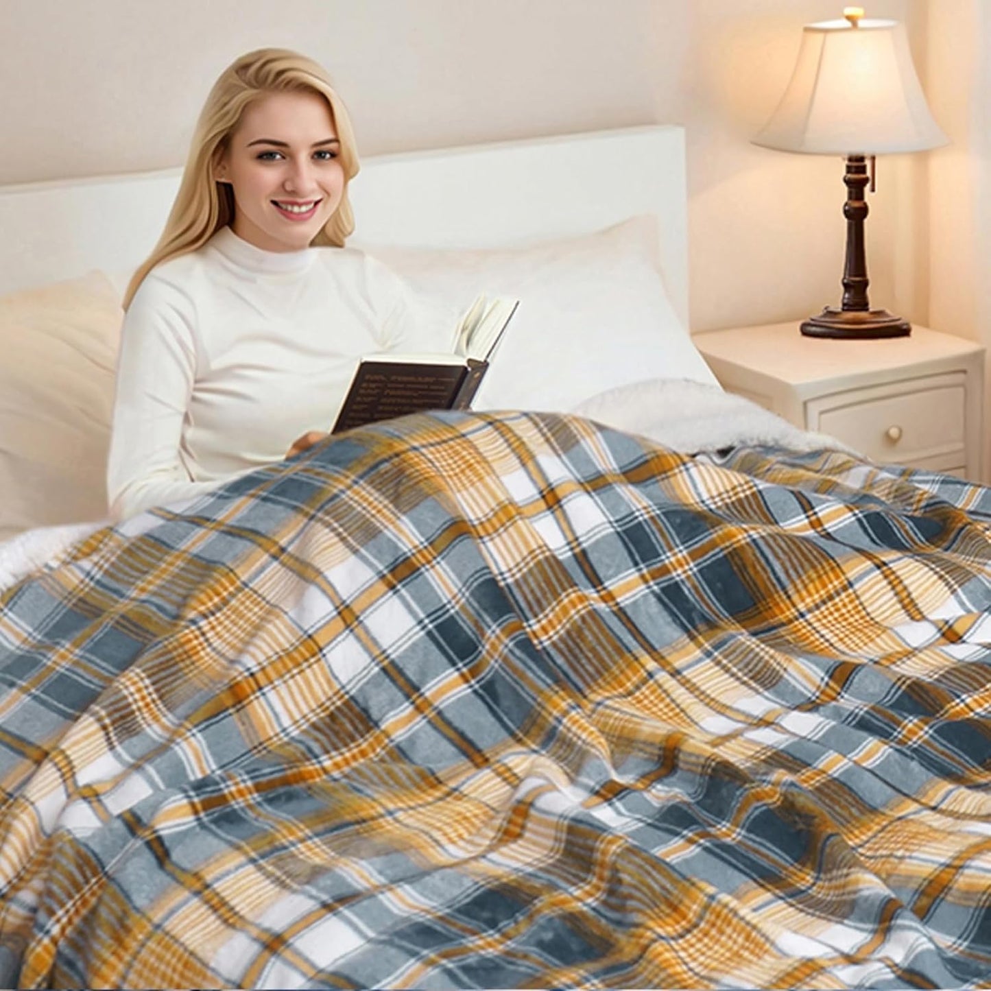 PU MEI Sherpa Blanket Queen Plaid Thick Bed Blanket, 80”*90” Super Soft Flannel Fuzzy Fleece Reversible Velvet Plush Warm Blanket for Couch (Blue Yellow Check)