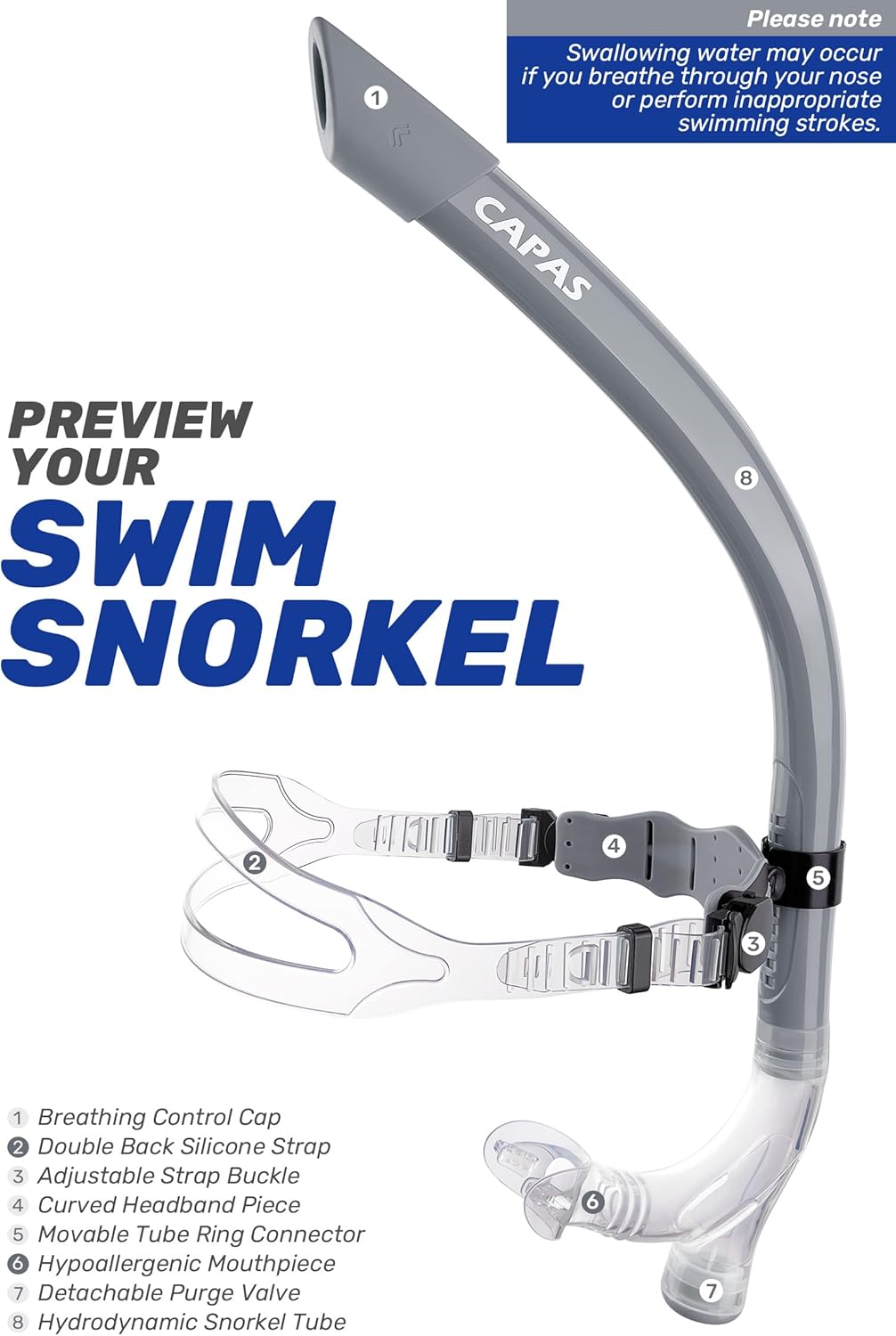 CAPAS Training Swim Snorkel for Lap Swimming, Swivel Headband Ultimate Fit Center-Mount Swimmers Snorkel with Liquid Silicone Mouthpiece Adjustable Strap, Designed for Adult Men Women
