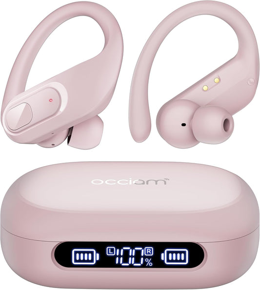occiam Wireless Earbuds Bluetooth Headphones Ear Buds 96Hrs Playback Sport Over-Ear Waterproof Wireless Headphones Earphones with Earhooks ENC Mics Clear Call for Sport Running Workout Pink