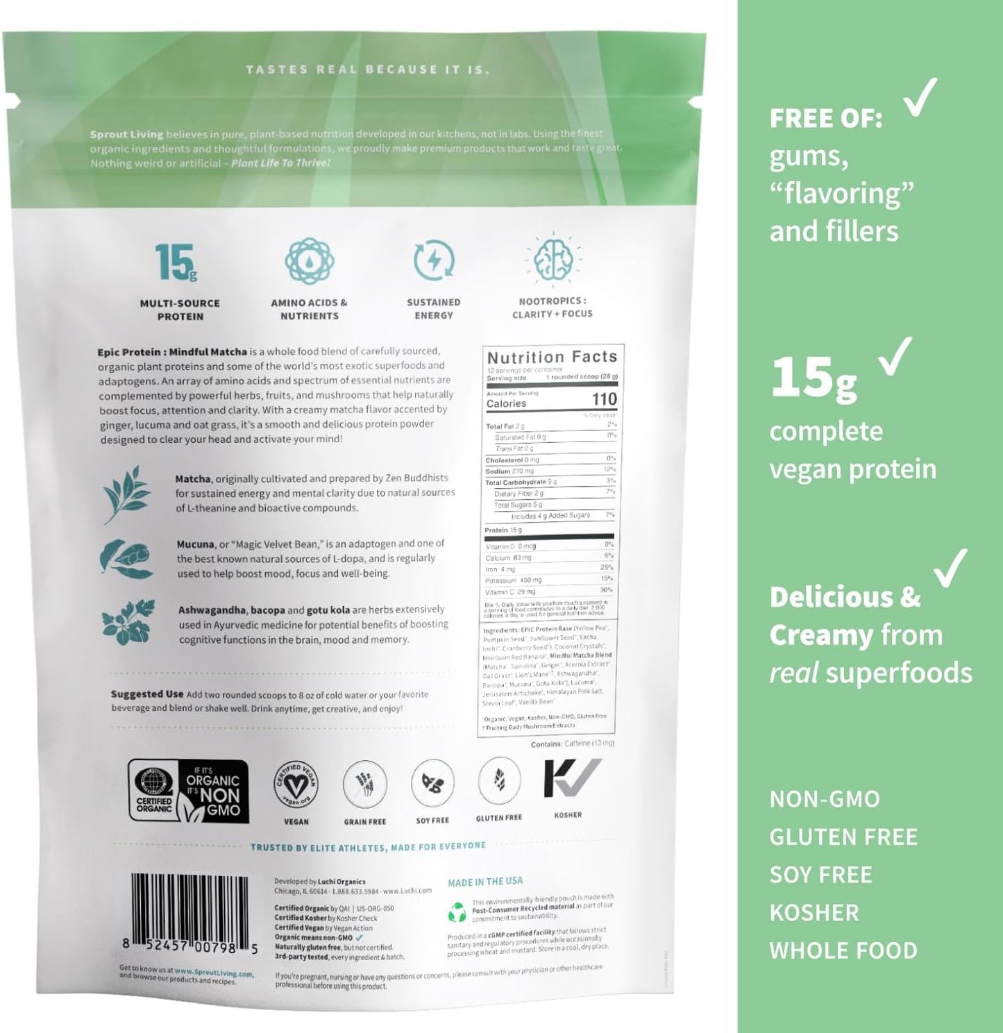Sprout Living Epic Protein, Plant Based Protein & Superfoods Powder, Mindful Matcha | 17 Grams Organic Protein Powder, Vegan, Non-GMO, Gluten Free, Adaptogens + Nootropics (1 Pound, 12 Servings)