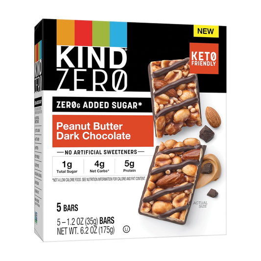 KIND ZERO Added Sugar Bars, Peanut Butter Dark Chocolate, Keto Friendly Snacks, Gluten Free, 5g Protein, 5 Count