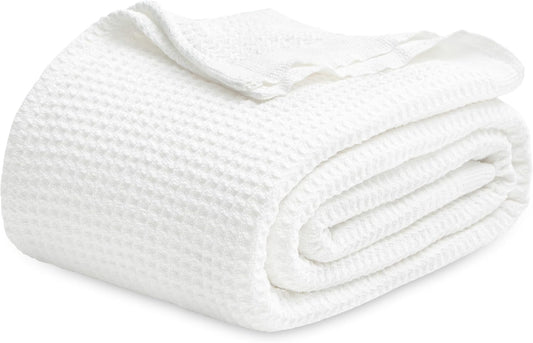 Bedsure 100% Cotton Blanket Queen Size for Bed - Breathable and Soft, Waffle Weave Blanket for Summer, Thick Cozy Fall Blankets for Women Gift, White, 90x90 Inches