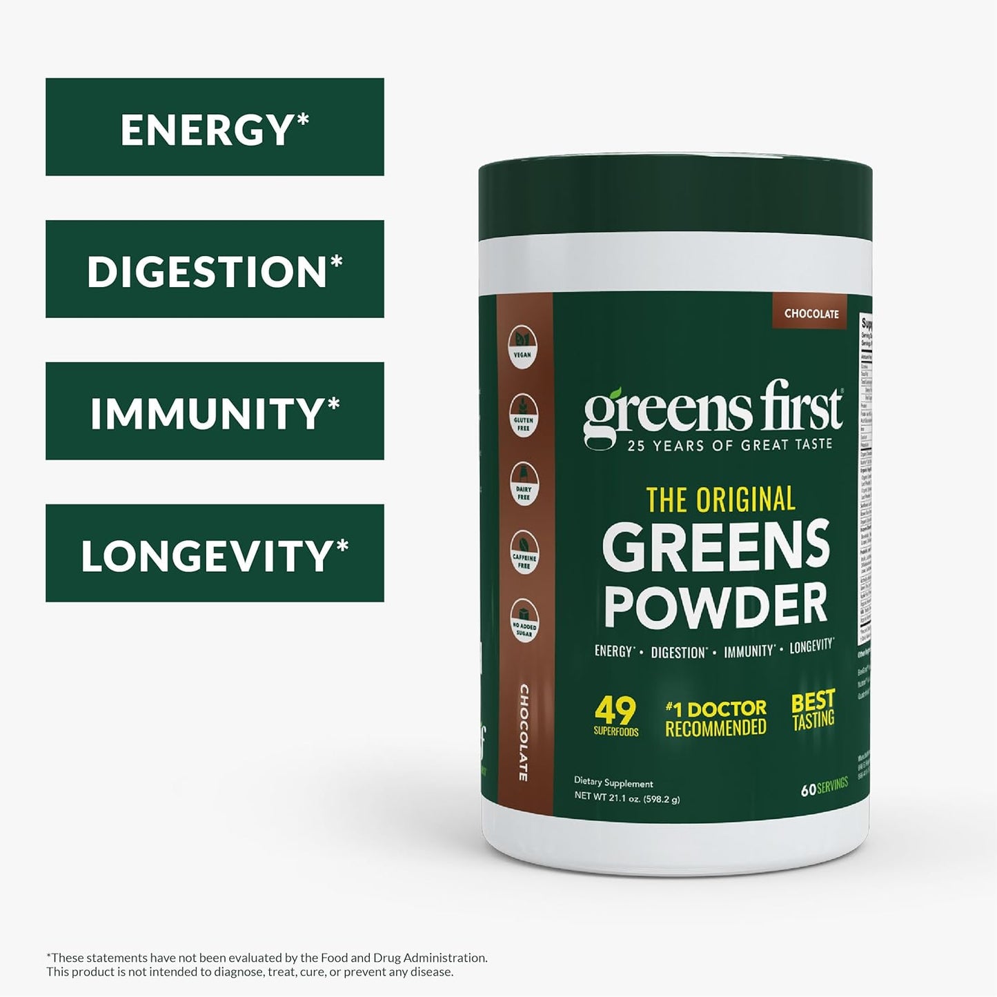 Greens First Original Greens Powder - 49 Superfoods - Organic Fruits & Veggies - Prebiotics, Probiotics, Digestive Enzymes - Antioxidant Smoothie - Dairy Free, Vegan, Non-GMO (Chocolate, 60 Servings)