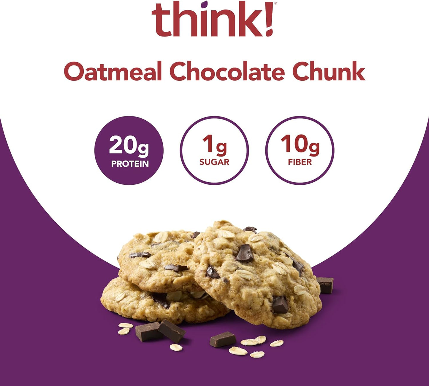 think! Protein Bars, High Protein Snacks, Gluten Free, High Fiber, Oatmeal Chocolate Chunk, 10 Count