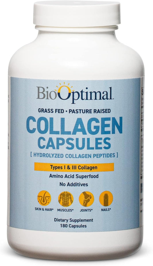 Collagen Peptides Capsules - Grass-Fed, Pasture-Raised Hydrolyzed Protein Supplement for Skin, Hair, & Nails - Non-GMO, Zero Sugar Daily Pills for Men & Women (180 Capsules)